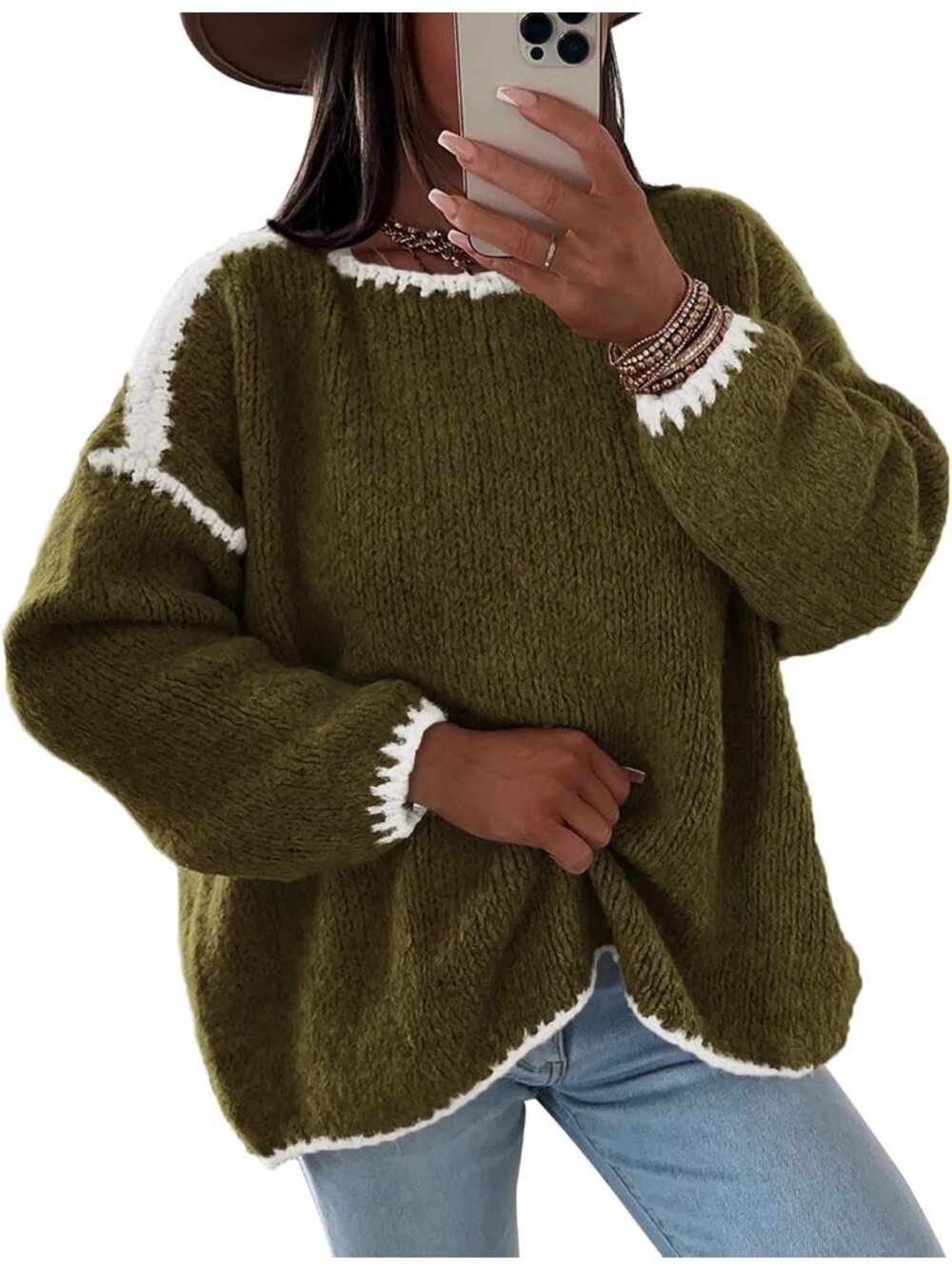 Women's Army Green Long Sleeve Crew Neck Casual Cute Cozy Chunky Knit Sweaters